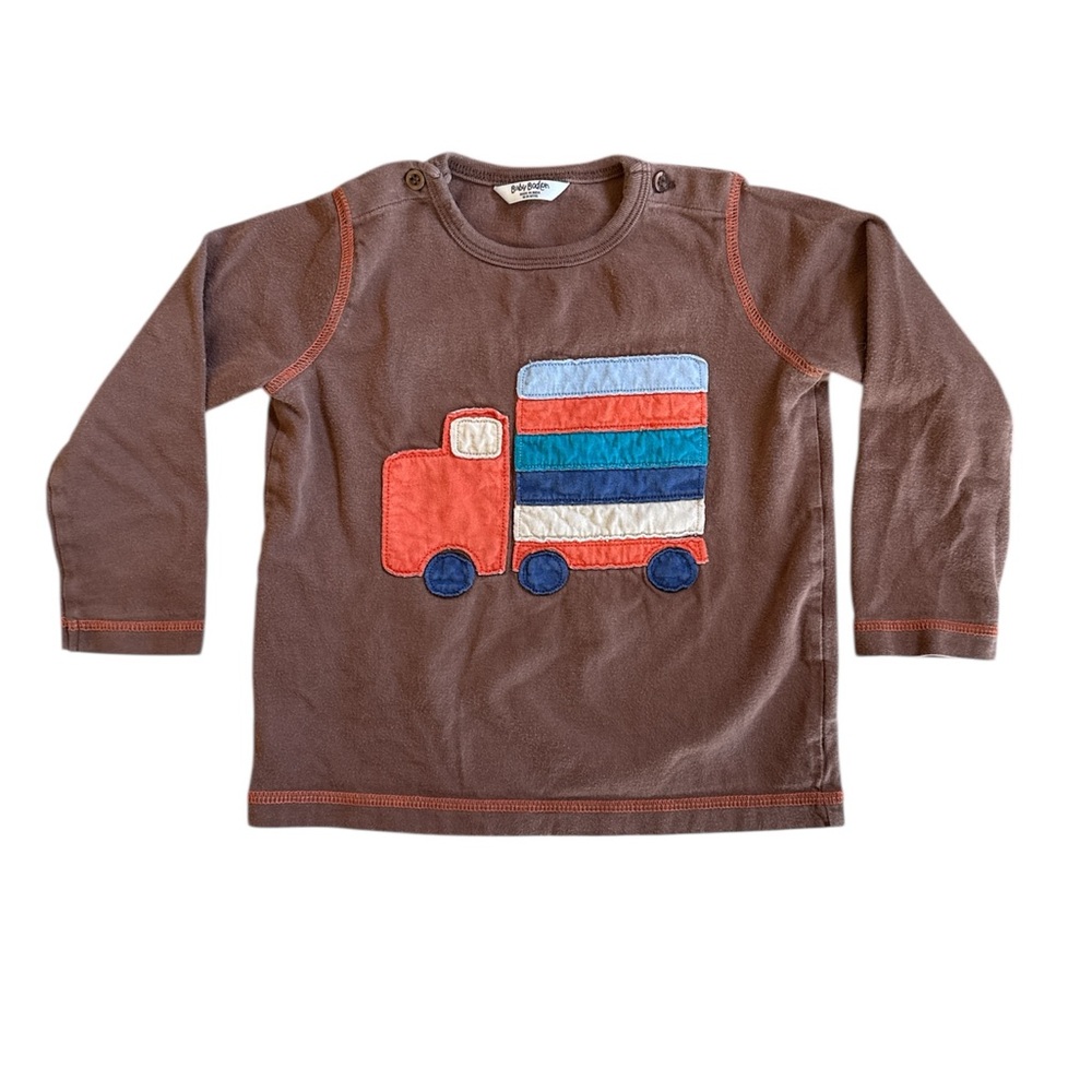 Baby Boden Brown Long Sleeve Tee with Colorful Truck Appliqué